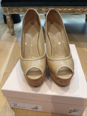 Jimmy Choo Nude Patent Peep-Toe Cork Platform Pumps